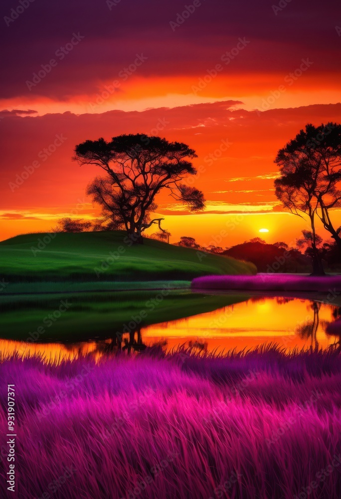 Fototapeta premium stunning wildlife silhouettes vibrant sunset natural habitat lush landscape majestic atmosphere, animals, horizon, scenery, sky, clouds, trees, meadow