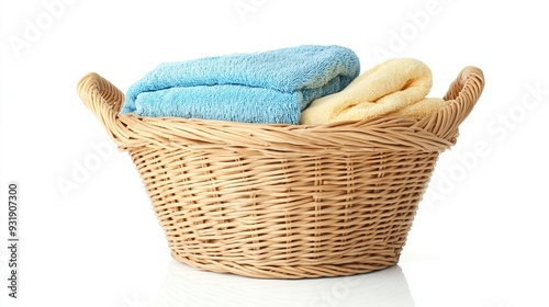 A wicker basket with a blue and yellow towel inside, isolated on a white background.