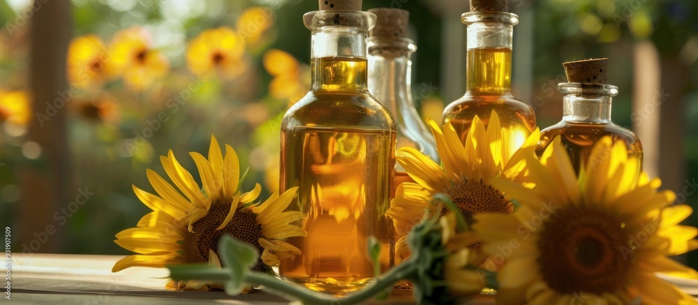 Sunflowers and Sunflower Oil Bottles Sunflowers and Sunflower Oil Bottles