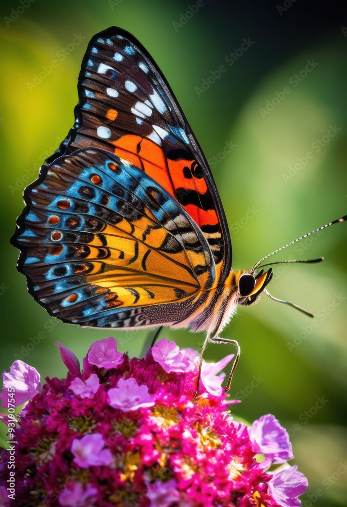 Obraz premium stunning macro shot butterfly perched vibrant showcasing intricate patterns lively colors nature, flower, detail, insect, petals, wings, bloom, flora