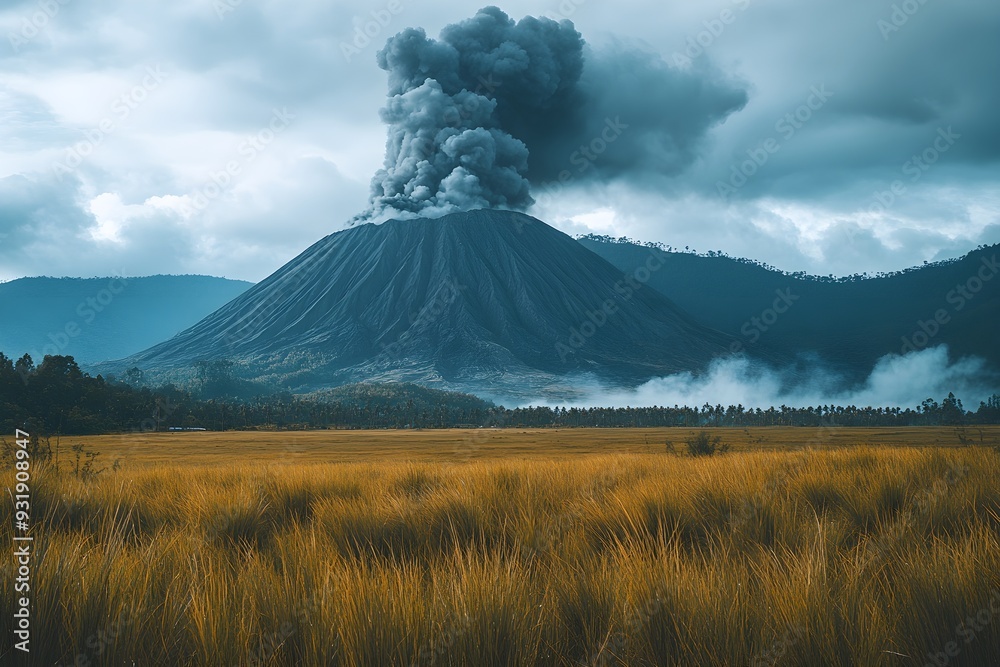 Obraz premium Wide-angle aerial image of a volcano erupting with a big ash and smoke cloud. The explosion turned a thick forest into desolate plain.