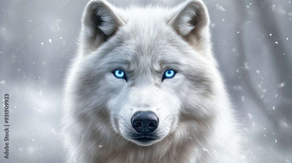 Obraz premium A majestic white wolf with intense blue eyes, depicted in a beautiful digital painting of wildlife.