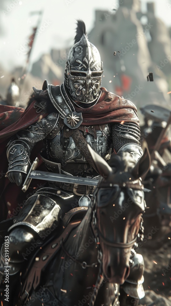 A heavily armored warrior gallops on a horse, commanding attention amidst a fierce battlefield
