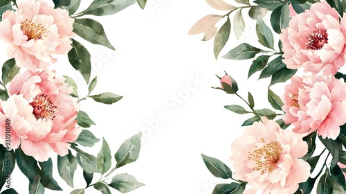 Elegant Watercolor Floral Frame with Vibrant Green Foliage and Soft Pink Peonies