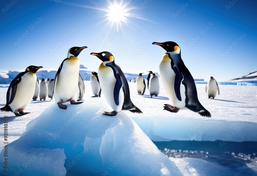 Obraz premium majestic penguins gracefully gliding above sparkling ice fields under clear blue sky, arctic, wildlife, snow, glacier, winter, frozen, ocean, water