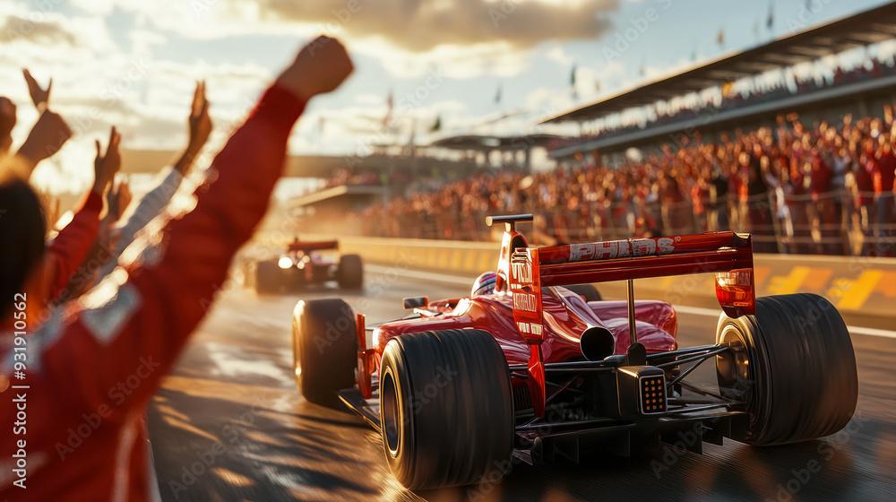 F1 fans cheering up racers during Gran prix. Sports fans lift the spirits. Formula 1 racing cars during competition. men raises their hands in jubilation. F1 fans celebrating victory of the pilot. F1 fans cheering up racers during Gran prix. Sports fans lift the spirits. Formula 1 racing cars during competition. men raises their hands in jubilation. F1 fans celebrating victory of the pilot.