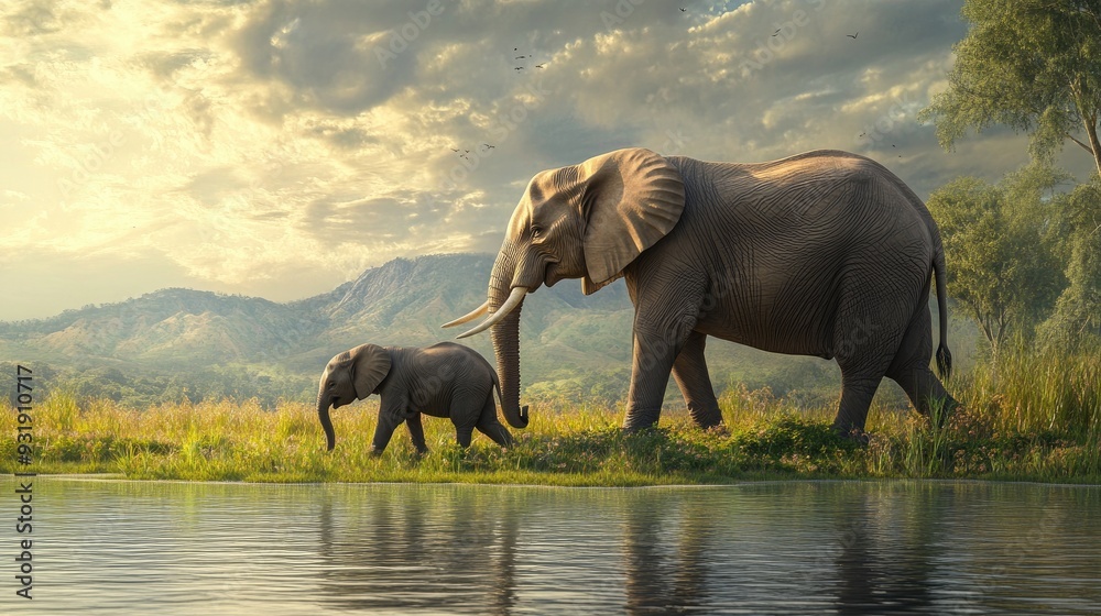 Fototapeta premium A peaceful moment as a mother elephant and her baby walk through a meadow by the water in a tranquil wildlife scene.