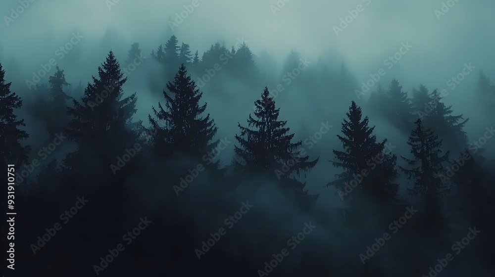 Moody Forest Silhouettes in Misty Atmospheric Background for Mysterious Designs