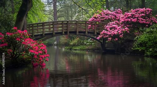 Idyllic spring image of a bridge and blooming Rhododendron along the waterside in botanical garden Arboretum Trompenburg in Rotterdam The Netherlands : Generative AI photo