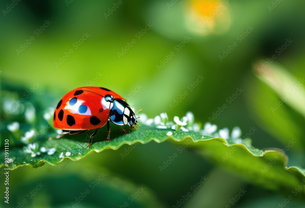 Fototapeta premium close view ladybug resting lush green leaves surrounded colorful foliage natural setting, beetle, insect, macro, nature, vibrant, outdoor, summer, garden