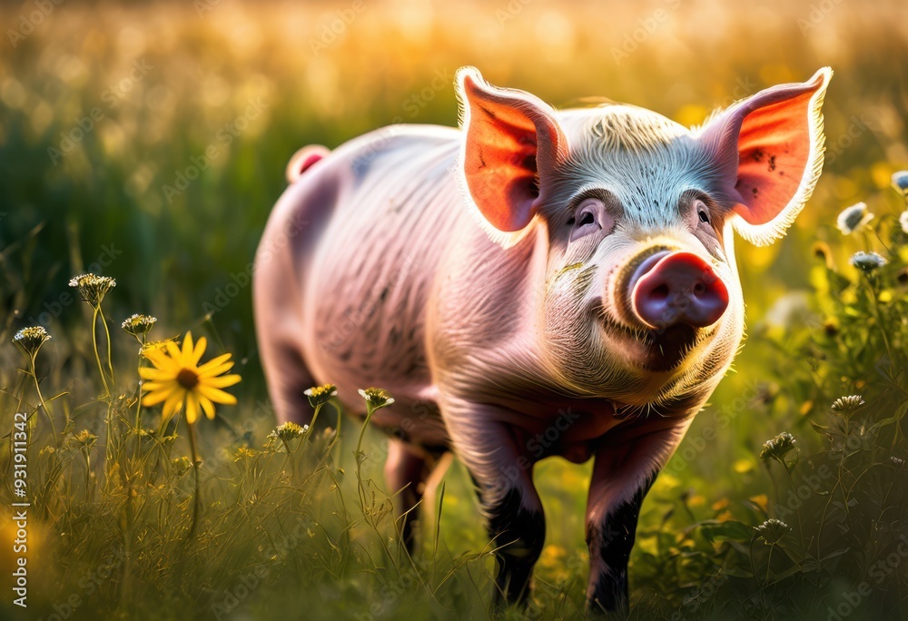 Fototapeta premium captivating close pig surrounded lush greenery vibrant natural elements, animal, wildlife, fauna, farm, portrait, landscape, agriculture, nature