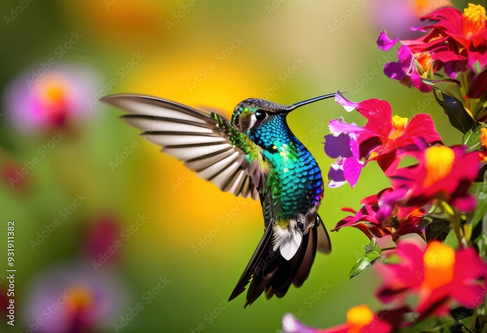 Obraz premium vibrant hummingbird hovering next colorful flower nectar lush garden setting, nature, wildlife, fauna, plant, bloom, pollinator, beauty, wings, flora