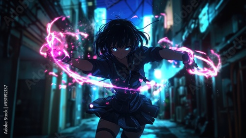 Powerful anime girl fighter with glowing energy whips, lashing out at enemies in a dark alley