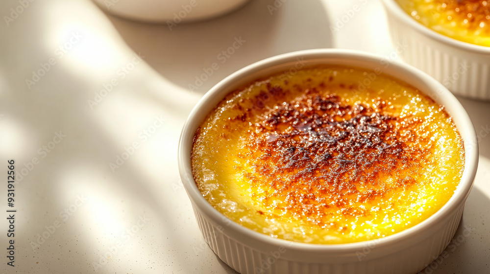 Delicious Creme brulee in white ramekins on light background. French dessert with caramel crust and hard shadows on white background. Minimalism. Cafe, confectionery menu, recipe. Close up Delicious Creme brulee in white ramekins on light background. French dessert with caramel crust and hard shadows on white background. Minimalism. Cafe, confectionery menu, recipe. Close up
