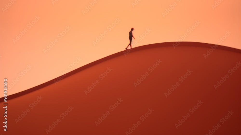 Solitary figure on desert dune at sunset, standing alone in vast expanse under fiery sky