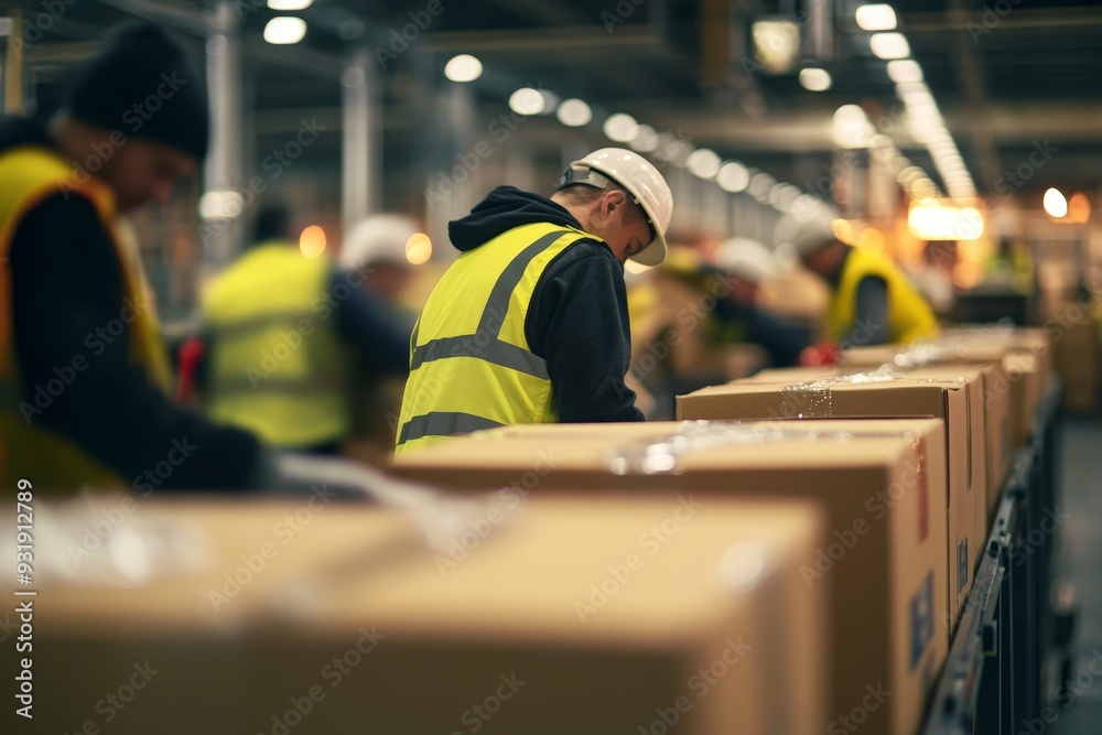 Fototapeta premium A group of workers in high-visibility vests and helmets is busy packing cardboard boxes in a well-lit warehouse, emphasizing teamwork and logistics during their shift