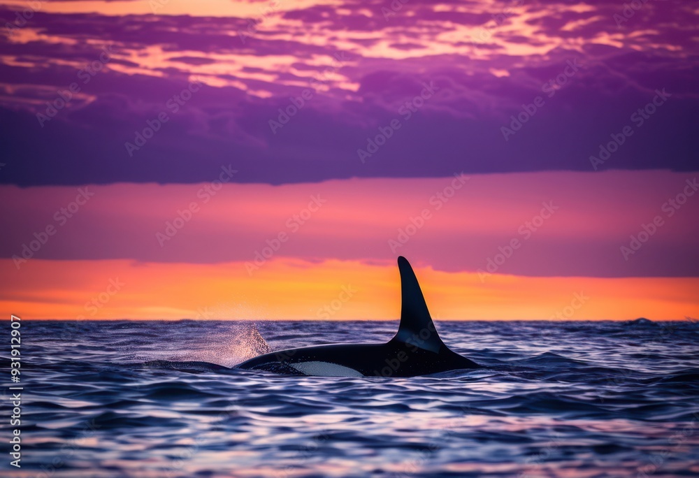 Naklejka premium majestic orca fins gracefully cutting through rolling sea swells under dusk sky, ocean, waves, marine, water, animal, creature, mammal, predator, beauty