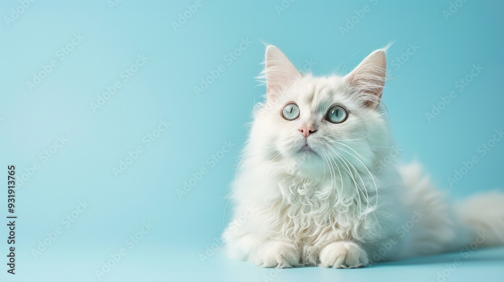 Fototapeta premium A curly-coated Selkirk Rex cat on a serene light blue backdrop, offering a peaceful scene with ample copy space for text or design.