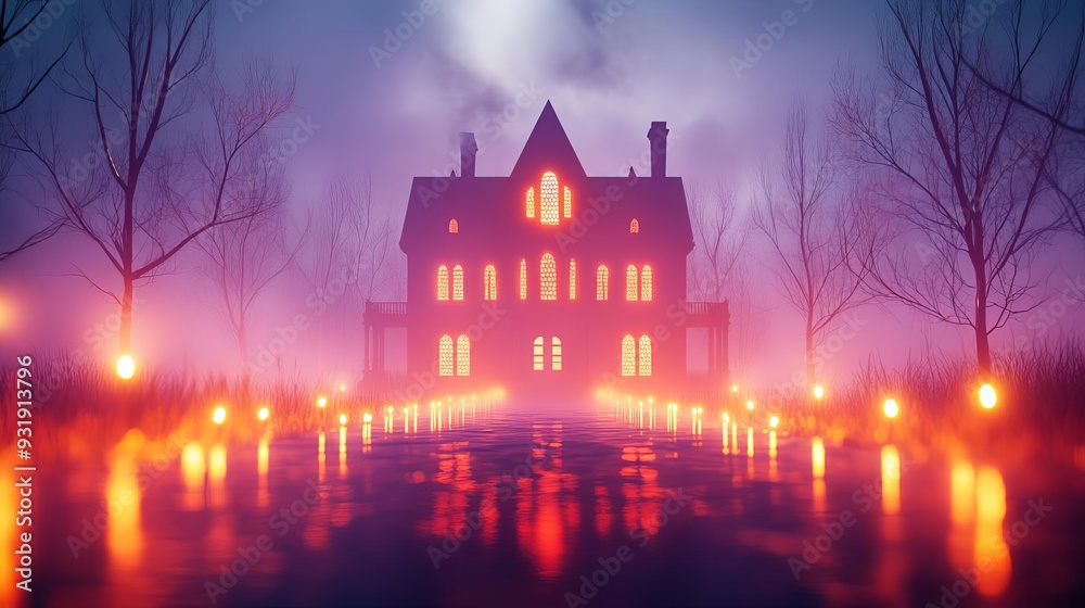 Haunted manor, flickering lights, 3D illustration Haunted manor, flickering lights, 3D illustration