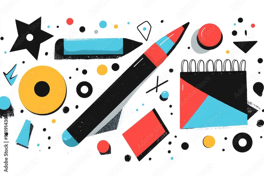 Colorful Abstract Illustration of School Supplies and Geometric Shapes Colorful Abstract Illustration of School Supplies and Geometric Shapes