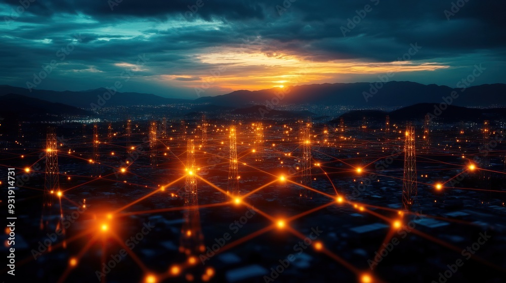 Fototapeta premium A stunning sunset over a connected city, showcasing vibrant lights and networks representing data flow and connectivity.