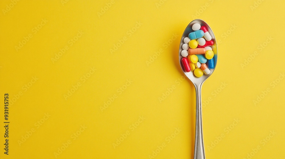 A metal spoon full of pills and medicine capsules on a yellow background A metal spoon full of pills and medicine capsules on a yellow background