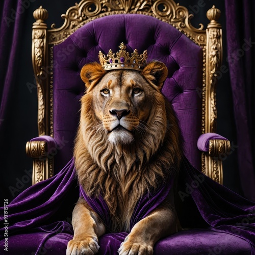 Royal lion on purple throne, majestic king with pride