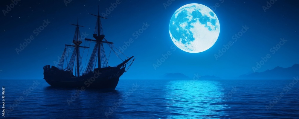 Ghostly pirate ship, moonlit sea, 3D illustration Ghostly pirate ship, moonlit sea, 3D illustration