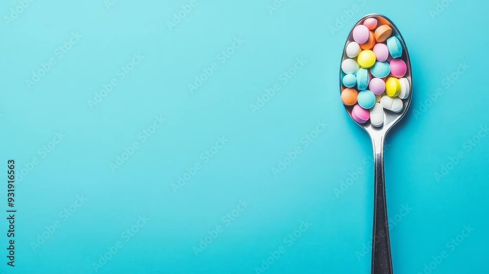 A metal spoon full of pills and medicine capsules on a blue background A metal spoon full of pills and medicine capsules on a blue background