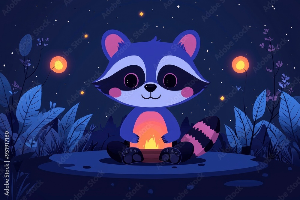 Fototapeta premium Cute Raccoon Sitting by a Campfire Under the Stars