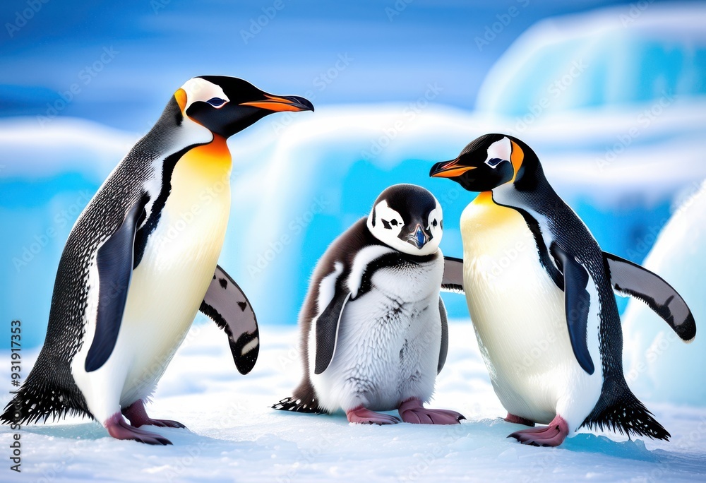 Fototapeta premium charming playful penguin designs set bright icy backgrounds vibrant colors whimsical elements fun arctic aesthetic, ice, cold, character, fashion, animal, cute