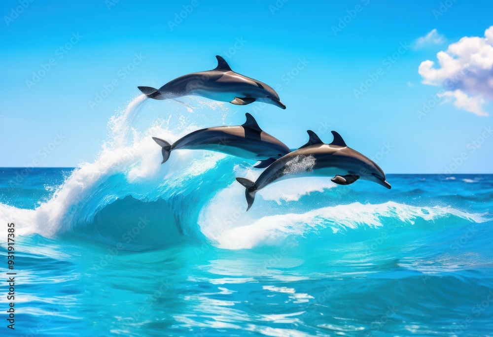 Obraz premium dynamic colorful dolphin movements captured lively ocean waves under bright sunlight, sea, vibrant, water, marine, animal, playful, blue, fluid, texture