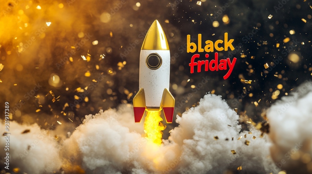 A rocket launching against a bright black background, promoting Black Friday sales with festive decorations A rocket launching against a bright black background, promoting Black Friday sales with festive decorations