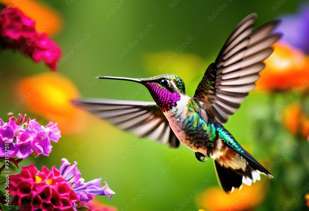 Fototapeta premium vibrant hummingbird hovering among colorful blooms flourishing garden filled lush greenery bright floral displays, wildlife, flowers, nature, tropical, pollen