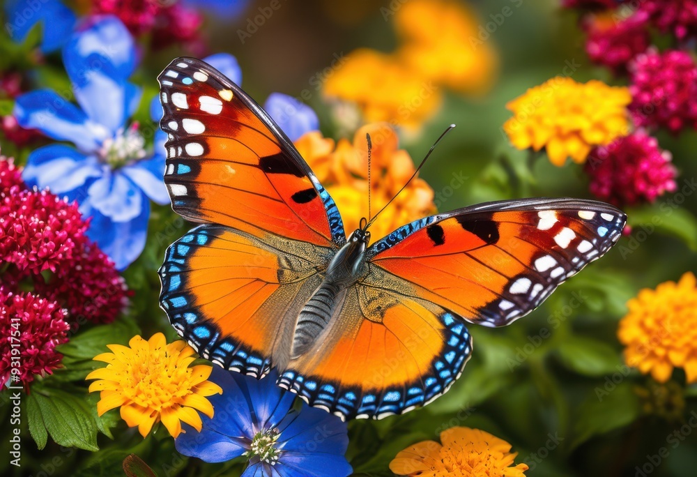 Obraz premium stunning macro showcasing colorful butterflies perched lively flowers nature, vibrant, insect, garden, blossoms, petals, wings, beauty, flora, fauna