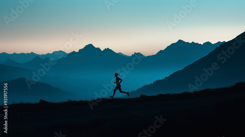 The runner's silhouette appeared against the sunrise as they trained for the challenge, running the mountain trail to the summit, embracing the panoramic view. trail, runner, silhouette, training