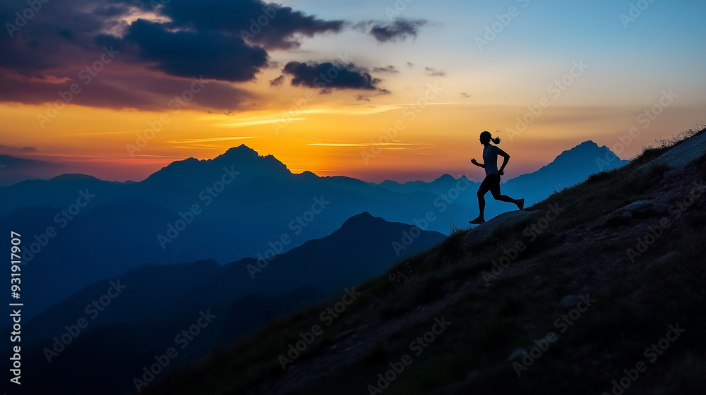 The runner's silhouette appeared against the sunrise as they trained for the challenge, running the mountain trail to the summit, embracing the panoramic view. trail, runner, silhouette, training The runner's silhouette appeared against the sunrise as they trained for the challenge, running the mountain trail to the summit, embracing the panoramic view. trail, runner, silhouette, training