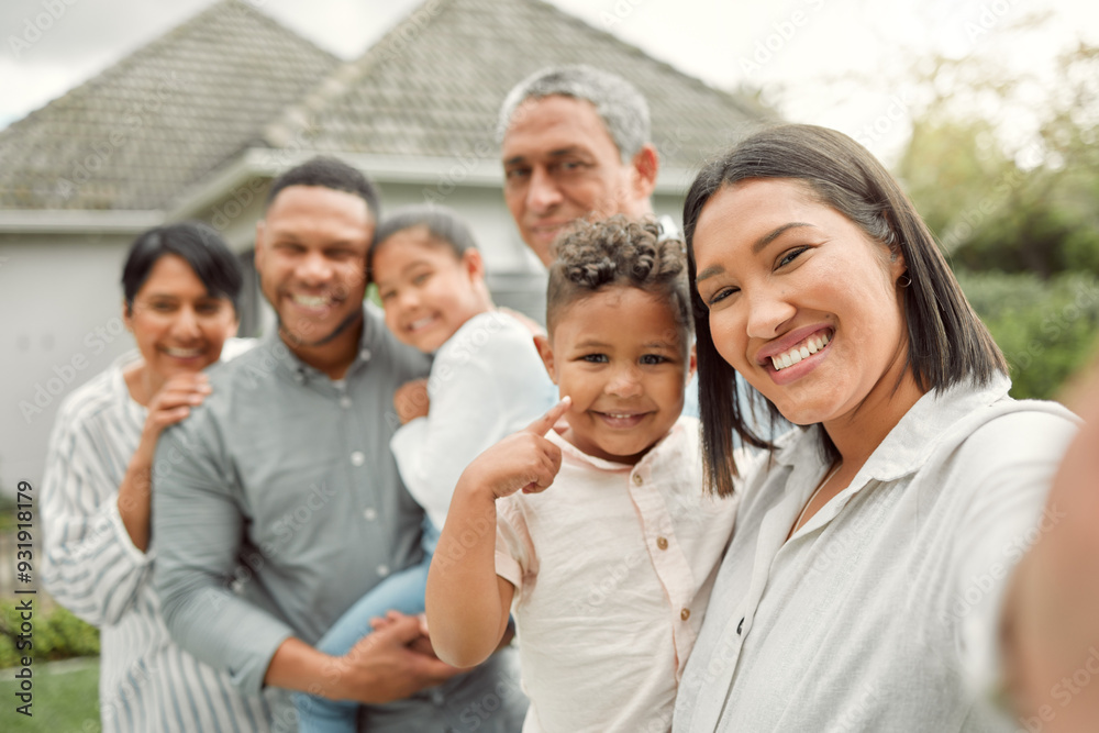 Family, selfie and happy outdoor together with love, care and support for relax, bonding or retirement. People, solidarity and memory in backyard with hug, portrait and smile at home for relationship