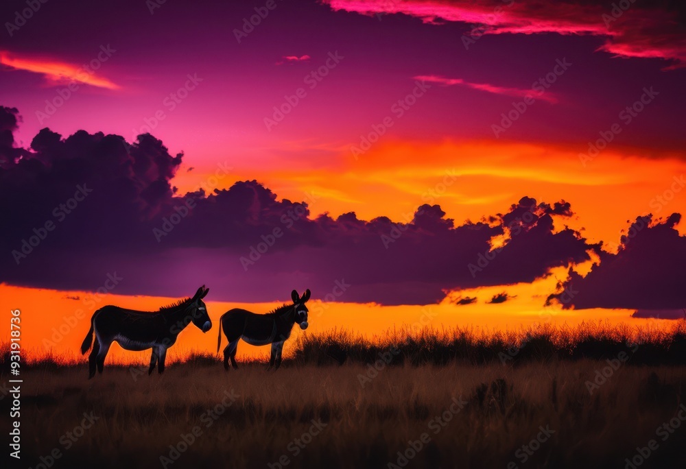 vivid silhouettes donkeys framed colorful sunset rich hues purple sky, orange, pink, outline, landscape, nature, evening, light, scene, beauty, art, visual vivid silhouettes donkeys framed colorful sunset rich hues purple sky, orange, pink, outline, landscape, nature, evening, light, scene, beauty, art, visual