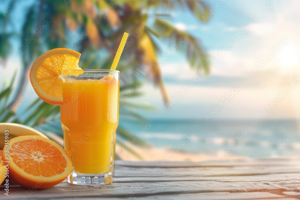 Orange juice on a table on a tropical beach with palm trees Orange juice on a table on a tropical beach with palm trees