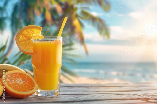 Orange juice on a table on a tropical beach with palm trees