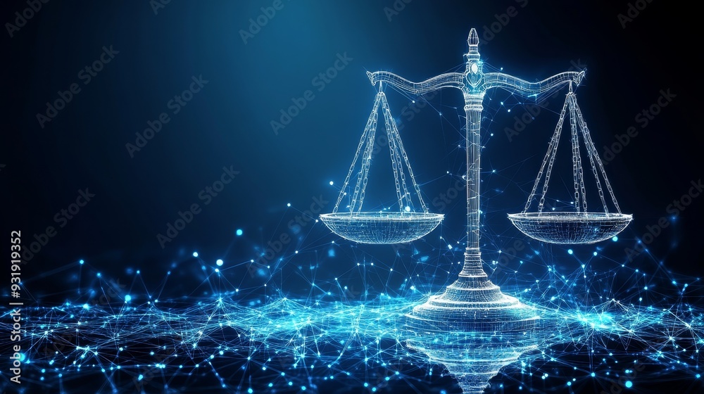 Digital Justice A Wireframe Scale of Balance on a Blue Network Background Digital Justice A Wireframe Scale of Balance on a Blue Network Background