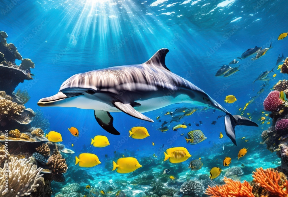 Obraz premium vibrant dolphin swimming crystal clear underwater ocean scene colorful marine life lively coral reef, fish, blue, scenery, aquatic, environment, animal