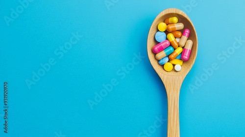 A wooden spoon full of pills and medicine capsules on a blue background