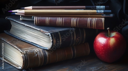 Antique Books, Colored Pencils, and a Red Apple photo