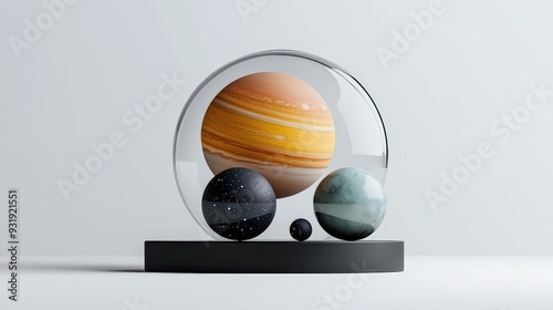 A captivating display of planetary models encased in glass, showcasing a creative interpretation of our solar system. photo