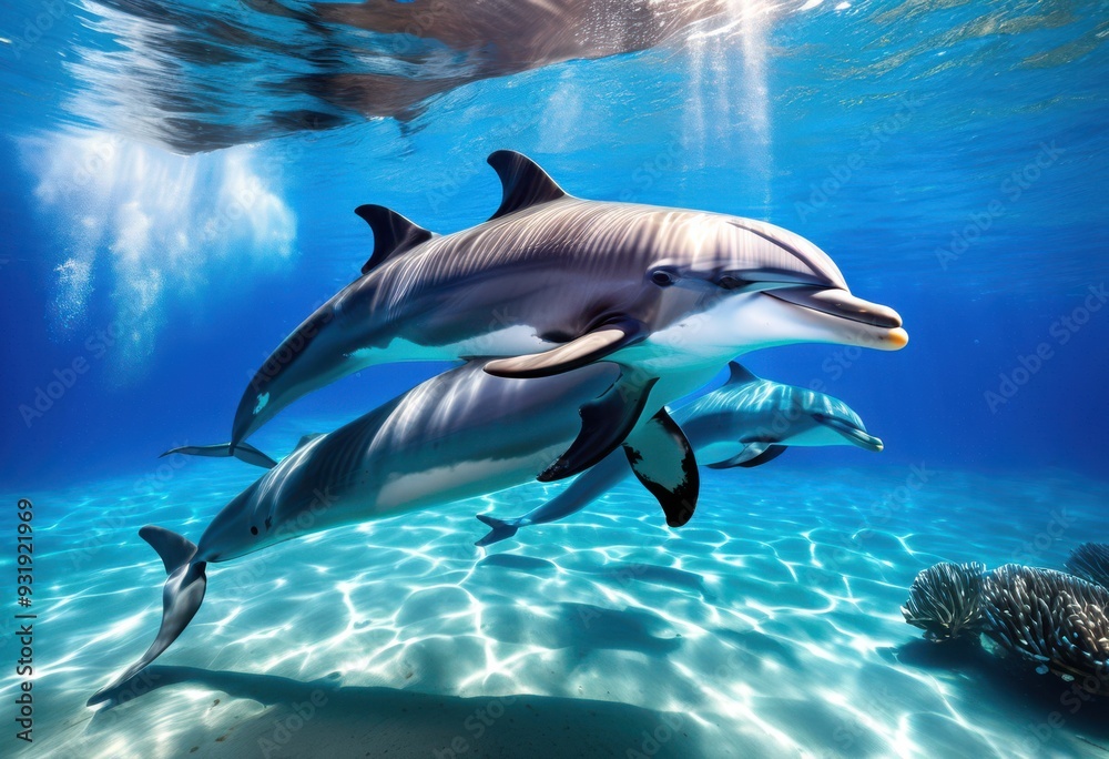 Obraz premium vibrant underwater dolphin movement captured bright colors displaying graceful swims playful interactions, aquatic, marine, ocean, sea, fish, creature, beauty