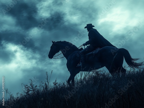 Silhouetted Rider Against a Stormy Sky Lowangle composition of a lone figure on horseback fading into a stormy ominous landscape