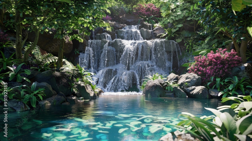 Naklejka premium A scenic waterfall cascading into a crystal-clear pool surrounded by lush greenery, ultra-realistic textures with fine details and vibrant colors