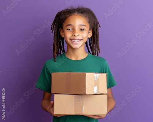 Smiling Girl in Green TShirt Holds Two Cardboard Boxes Against a Purple Background Portrait Perspective